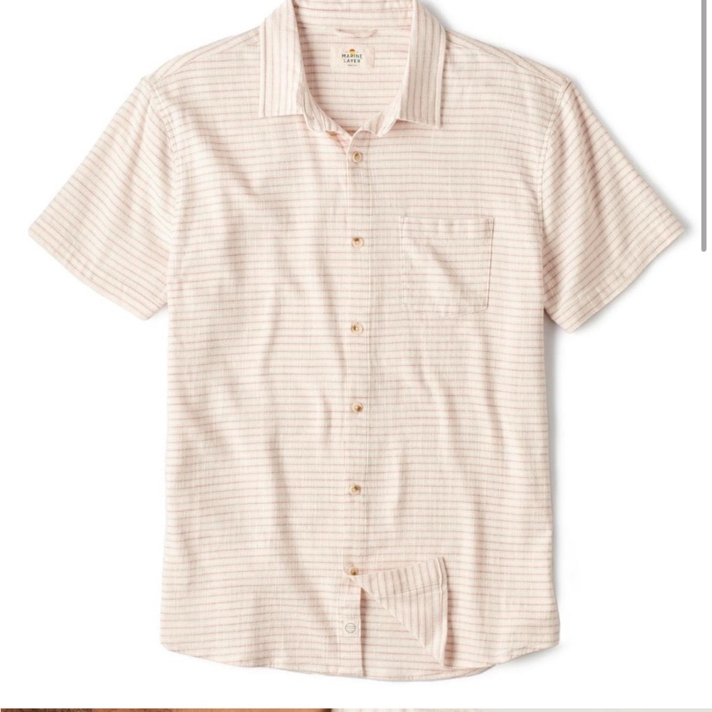 Marine Layer Stretch Selvage Short Sleeve Shirt / Warm Stripe Large - Picture 3 of 7